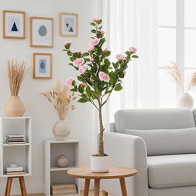 2-Pack 3.9ft Fake Camellia with White Planter & Pink Flowers
