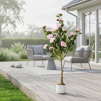 2-Pack 3.9ft Fake Camellia with White Planter & Pink Flowers