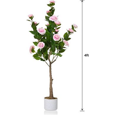 2-Pack 3.9ft Fake Camellia with White Planter & Pink Flowers