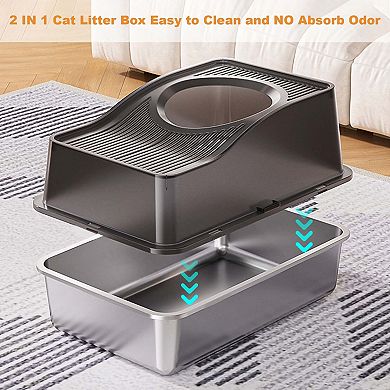 Stainless Steel Fully Enclosed Cat Litter Box,Cat Box With Hollow Lid and Heightened Lid