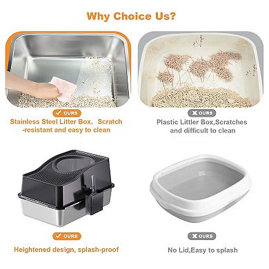Stainless Steel Fully Enclosed Cat Litter Box,Cat Box With Hollow Lid and Heightened Lid