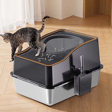 Stainless Steel Fully Enclosed Cat Litter Box,Cat Box With Hollow Lid and Heightened Lid