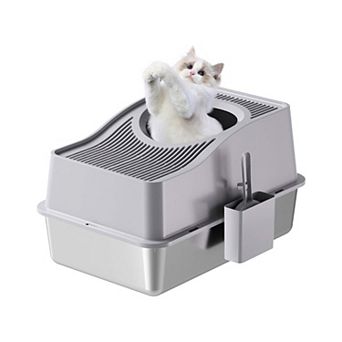 Stainless Steel Fully Enclosed Cat Litter Box,Cat Box With Hollow Lid and Heightened Lid