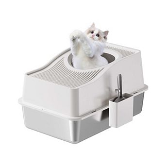 Stainless Steel Fully Enclosed Cat Litter Box,Cat Box With Hollow Lid and Heightened Lid