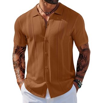 COOFANDY Men' Knit Shirts Short Sleeve Button Down Polo Shirt Vintage Casual Beach Shirt Summer