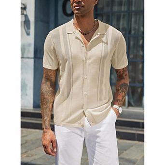 COOFANDY Men' Knit Shirts Short Sleeve Button Down Polo Shirt Vintage Casual Beach Shirt Summer
