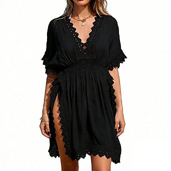 Women's Batwing Sleeve Swim Cover Up Scalloped Lace Smocked Bodice Tie Back Dress