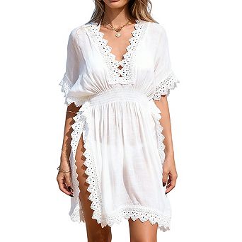 Women's Batwing Sleeve Swim Cover Up Scalloped Lace Smocked Bodice Tie Back Dress