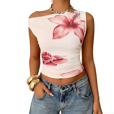 Women's Asymmetrical One Shoulder Ruched Side Floral Short Cap Sleeve Crop Top