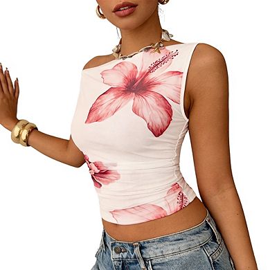 Women's Asymmetrical One Shoulder Ruched Side Floral Short Cap Sleeve Crop Top
