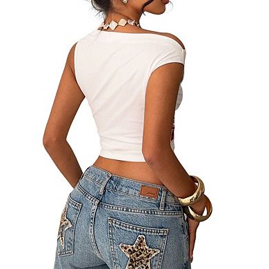 Women's Asymmetrical One Shoulder Ruched Side Floral Short Cap Sleeve Crop Top