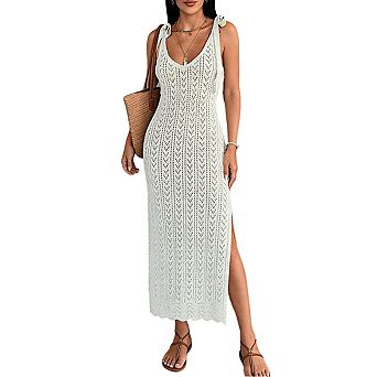 Women's Sleeveless Crochet Knit Bow Tie Straps Deep V Back Side Slit Maxi Dress