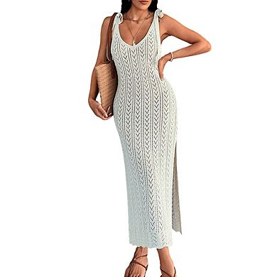 Women's Sleeveless Crochet Knit Bow Tie Straps Deep V Back Side Slit Maxi Dress