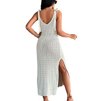 Women's Sleeveless Crochet Knit Bow Tie Straps Deep V Back Side Slit Maxi Dress