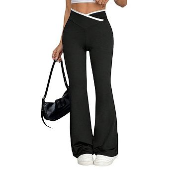 Womens High Waist Criss Cross Knit Flared Pants Solid Color Draping Stretch Bell Bottom Trousers