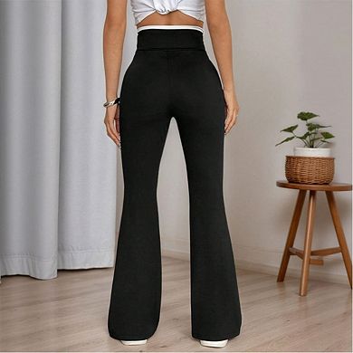 Womens High Waist Criss Cross Knit Flared Pants Solid Color Draping Stretch Bell Bottom Trousers