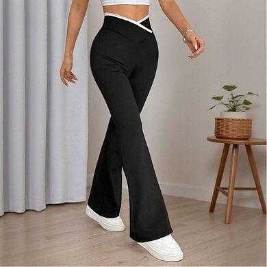 Womens High Waist Criss Cross Knit Flared Pants Solid Color Draping Stretch Bell Bottom Trousers