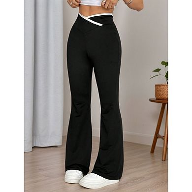 Womens High Waist Criss Cross Knit Flared Pants Solid Color Draping Stretch Bell Bottom Trousers