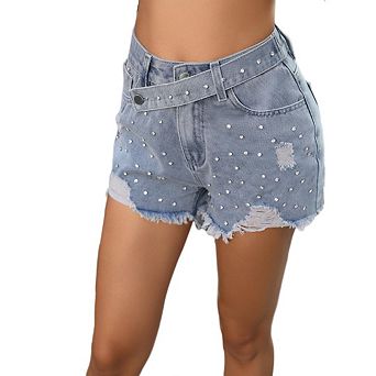 Women's Pearl Embellished Ripped Jeans, High Waisted Raw Hem Denim Pants for Summer