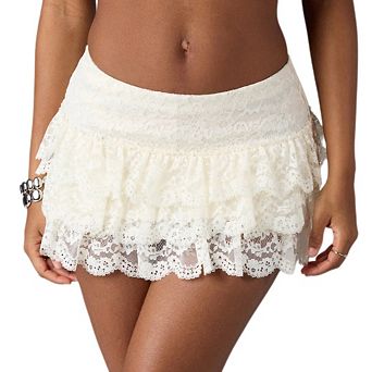 Women Floral Lace Mini Skort Pleated Double Layered Ruffle A Line Skirt