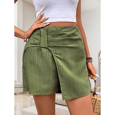 Women's Cross Pleated High Waist Textured Skirt Shorts Solid Color Knot Side Shorts