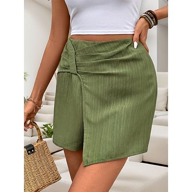 Women's Cross Pleated High Waist Textured Skirt Shorts Solid Color Knot Side Shorts