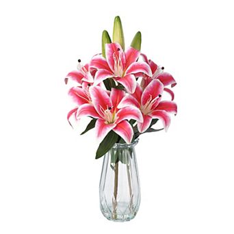 Artificial Lilies Flowers with Glass Vase & Fake Water - Fake Lilies for Home Table, Wedding Party