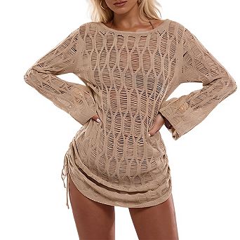 Women's Open Knit Beach Cover Up Long Sleeves Open Back Drawstring Side Cutout Dress