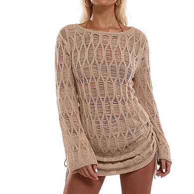 Women's Open Knit Beach Cover Up Long Sleeves Open Back Drawstring Side Cutout Dress