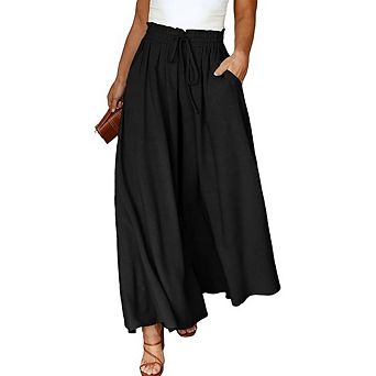 Women Plus Size Wide Leg Pants High Waisted Floral Boho Casual Flowy Tie Knot Trousers with Pockets