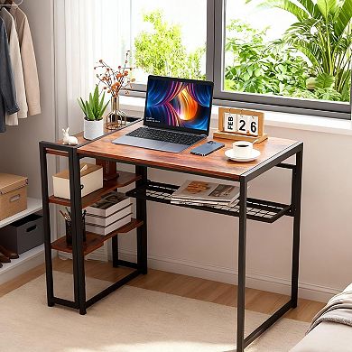 Folding Desk with Storage Shelf, Space Saving Writing Computer Table, No Assembly Required Desk