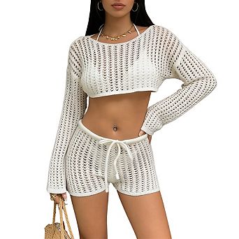 Women's Crochet Two Piece Cover Up Long Bell Sleeve Crop Top and Drawstring Waist Shorts Set