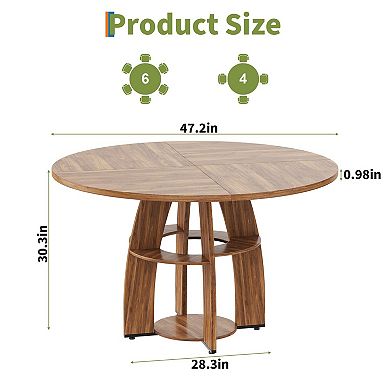 47" Round Wood Dining Table with Storage Shelf, Circle Kitchen Table Seats 4-6, Easy-Clean Surface