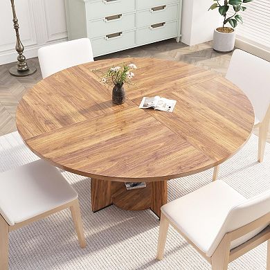 47" Round Wood Dining Table with Storage Shelf, Circle Kitchen Table Seats 4-6, Easy-Clean Surface