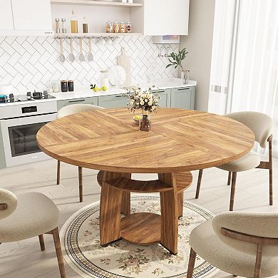 47" Round Wood Dining Table with Storage Shelf, Circle Kitchen Table Seats 4-6, Easy-Clean Surface