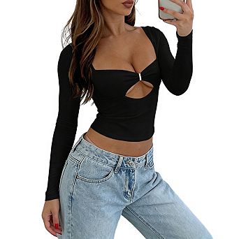 Women's Square Neck Long Sleeve Fitted Top Front Keyhole Cutout Cropped Hem Shirts