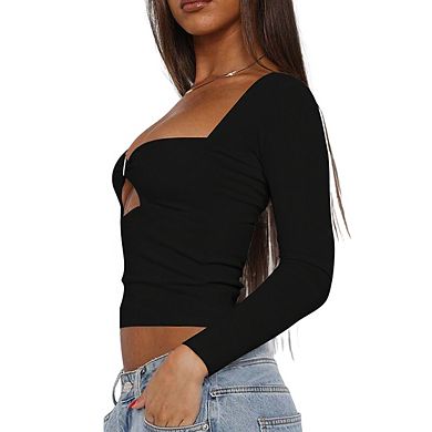 Women's Square Neck Long Sleeve Fitted Top Front Keyhole Cutout Cropped Hem Shirts