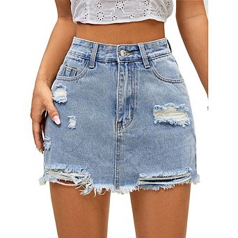 Women A Line Ripped Denim Skort Raw Hem Jean Skort Skirts Y6k with Pockets