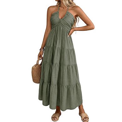 Women's Sleeveless Halter V Neck Ruched Tiered Ruffle Hem Back Tie Maxi Dress