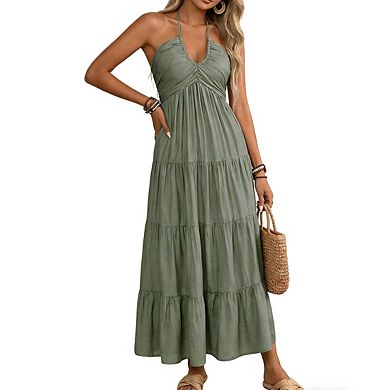 Women's Sleeveless Halter V Neck Ruched Tiered Ruffle Hem Back Tie Maxi Dress