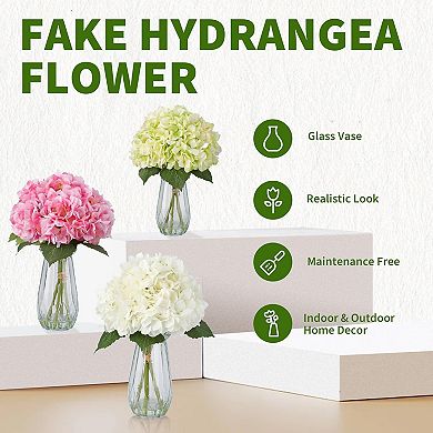 5-Piece Artificial Hydrangea Arrangement in Glass Vase-Fade-Resistant Silk Flowers with Faux Water
