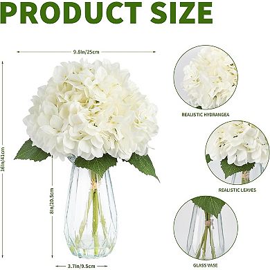 5-Piece Artificial Hydrangea Arrangement in Glass Vase-Fade-Resistant Silk Flowers with Faux Water