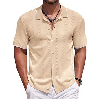 COOFANDY Mens Cuban Knit Polo Button Short Sleeve Shirts Casual Summer Beach Shirts
