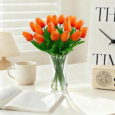 20 Pcs Real Touch Tulips in Glass Vase, Orange Silk Flower Centerpiece