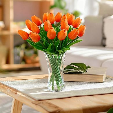 20 Pcs Real Touch Tulips in Glass Vase, Orange Silk Flower Centerpiece