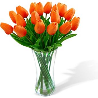 20 pc Real Touch Tulips in Glass Vase, Orange Silk Flower Centerpiece