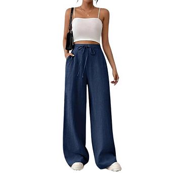 Women's Wide Leg Lounge Pants Lightweight High Waisted Adjustable Tie Flowy Trousers with Pockets