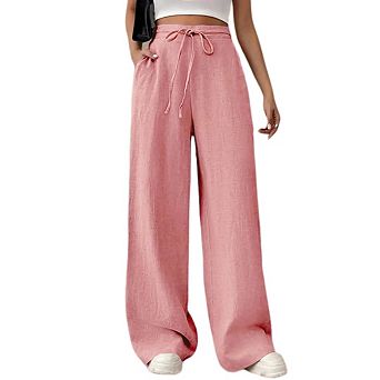 Women's Wide Leg Lounge Pants Lightweight High Waisted Adjustable Tie Flowy Trousers with Pockets