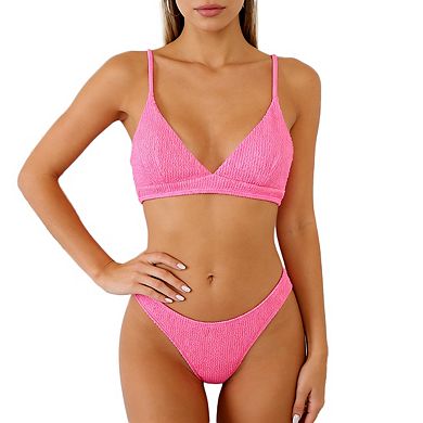 Women's Textured Knit Two Piece Bikini Set Adjustable Spaghetti Straps High Cut Leg Swimsuits