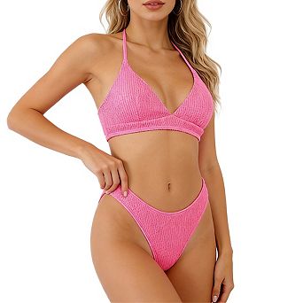 Women's Textured Knit Two Piece Bikini Set Adjustable Spaghetti Straps High Cut Leg Swimsuits